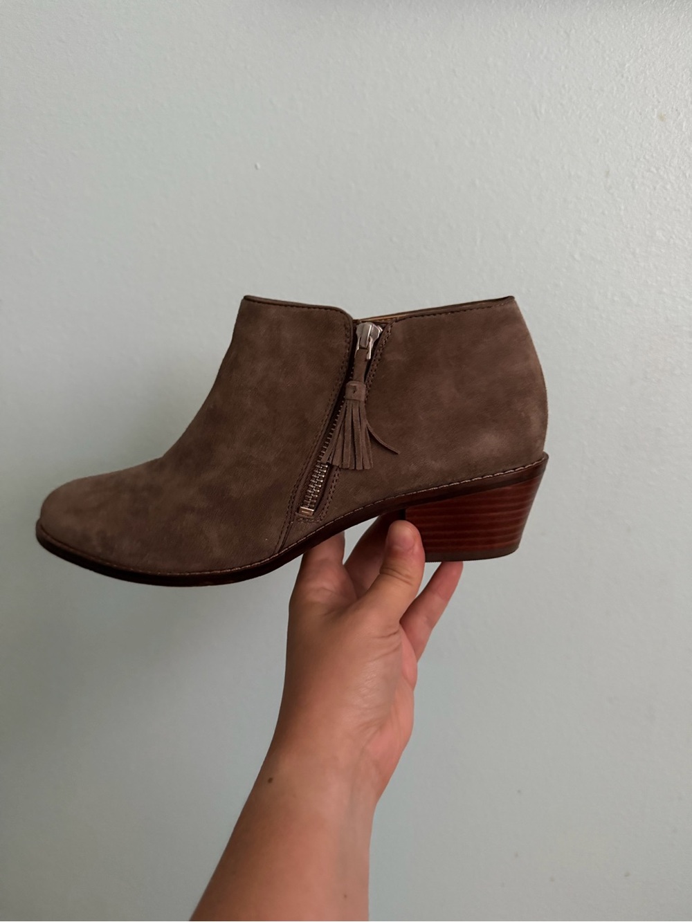 Vionic Taupe Suede Ankle Bootie with Tassel Zip